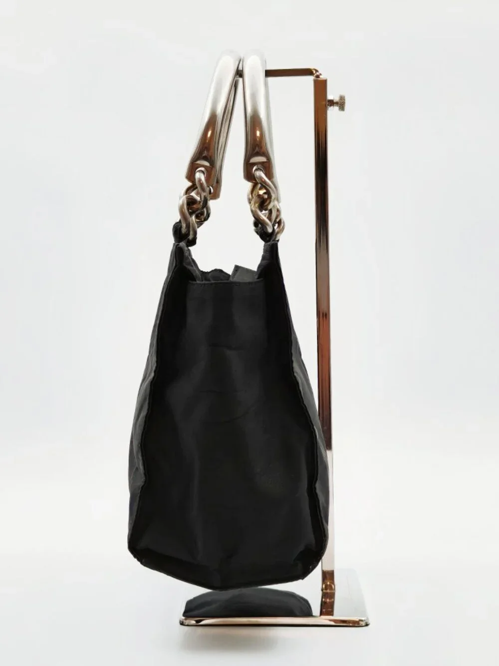 Prada Black Nylon Mini Tote Bag Silver Chain Handle Triangle Logo